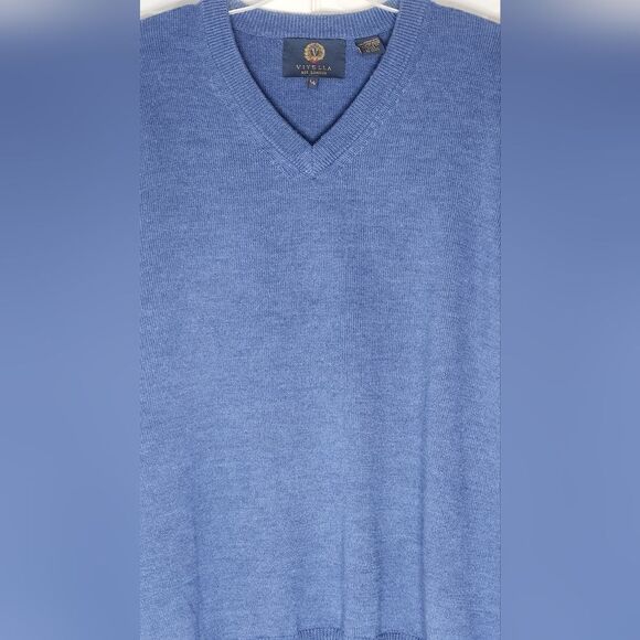 Viyella L Blue Steel Knit Longsleeve 100% MERINO WOOL V-neck Men's Sweater - Picture 5 of 7